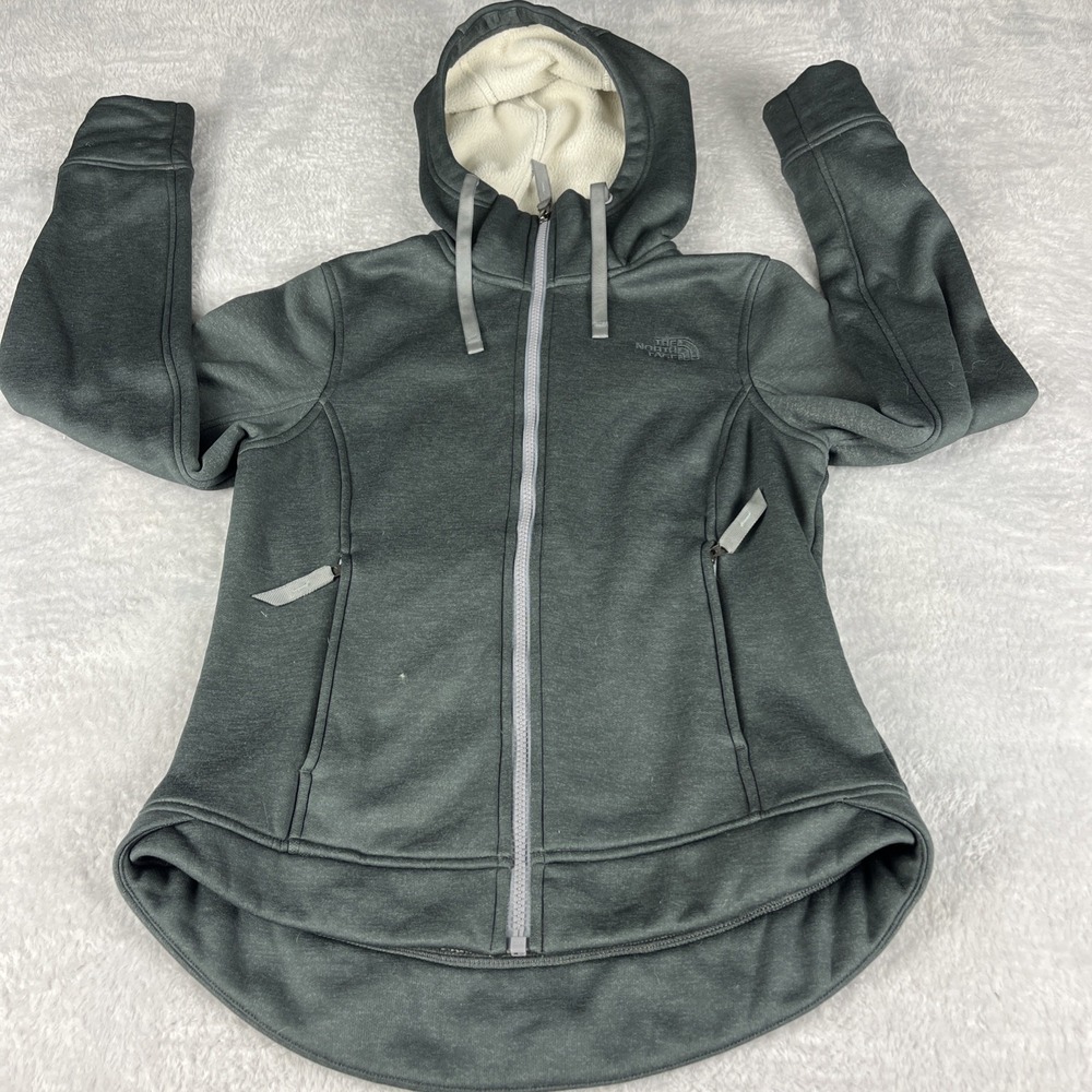 The North Face Full Zip Hoodie Womens XS Gray Fleece‎ Lined Drop Tail Hem